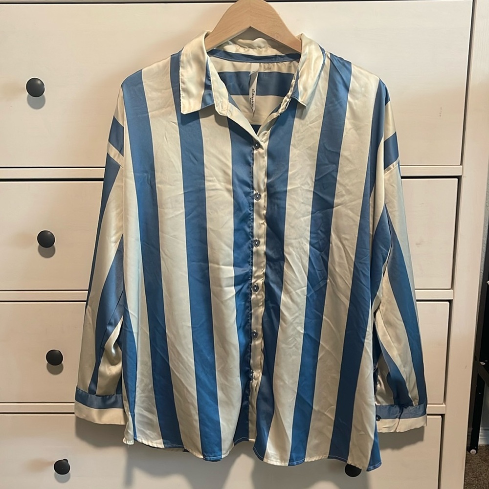 White and Blue stripped Satin Blouse